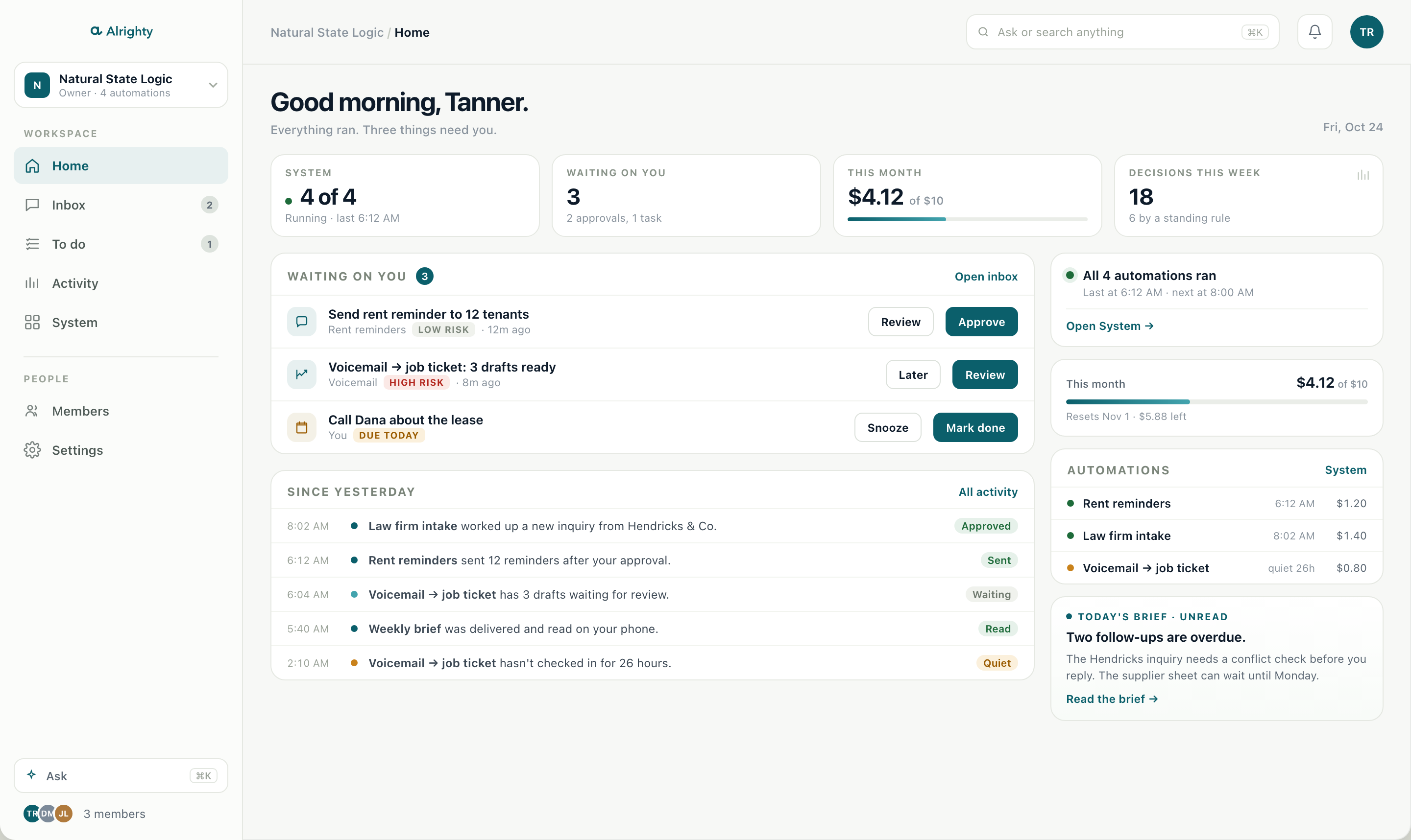 The Alrighty control center: system status, a queue of decisions, this month's spend and what ran since yesterday.
