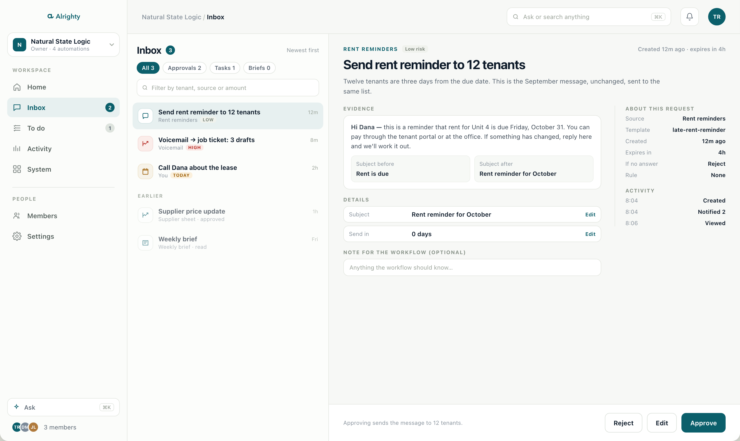 The Alrighty inbox: the list of requests on the left and the selected request with its draft, details and action bar on the right.